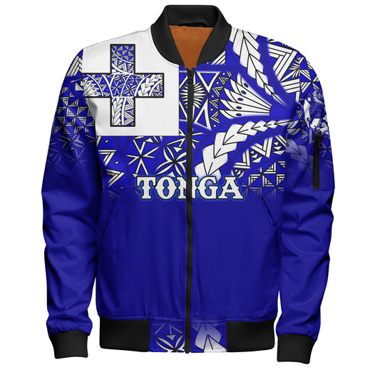 Tonga Bomber Jacket Tonga Blue Color With Traditional Patterns