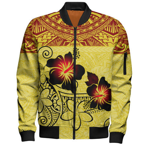 Hawaii Bomber Jacket Polynesian Tribal Patterns Hibiscus Flowers Yellow Color