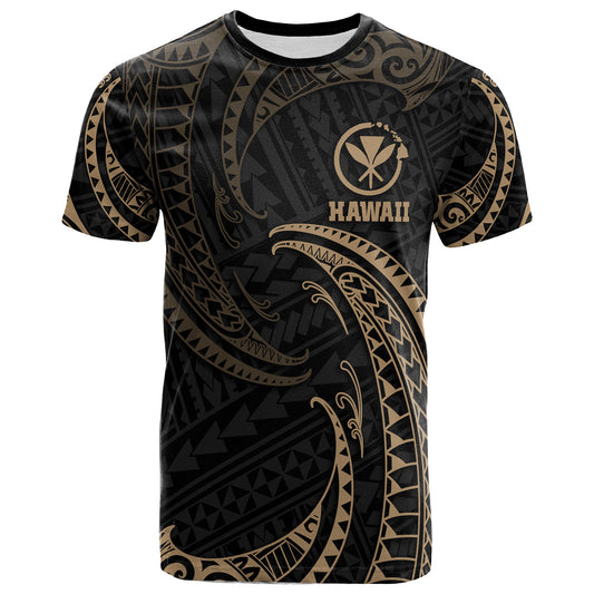 Hawaii Polynesian T-Shirt - Gold Tribal Wave