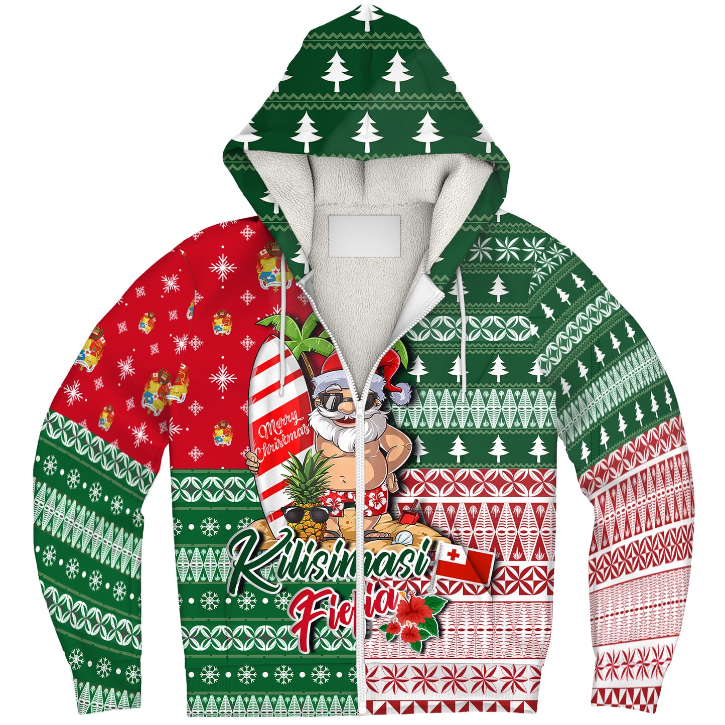 Tonga Sherpa Hoodie Kilisimasi Fiefia Tropical Xmas Patterns