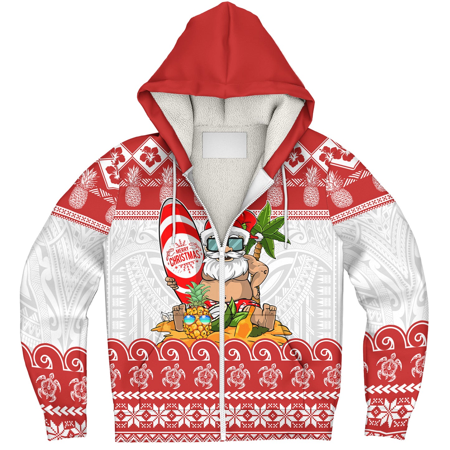 Hawaii Sherpa Hoodie Santa Surfing Merry Christmas Kanaka Maoli