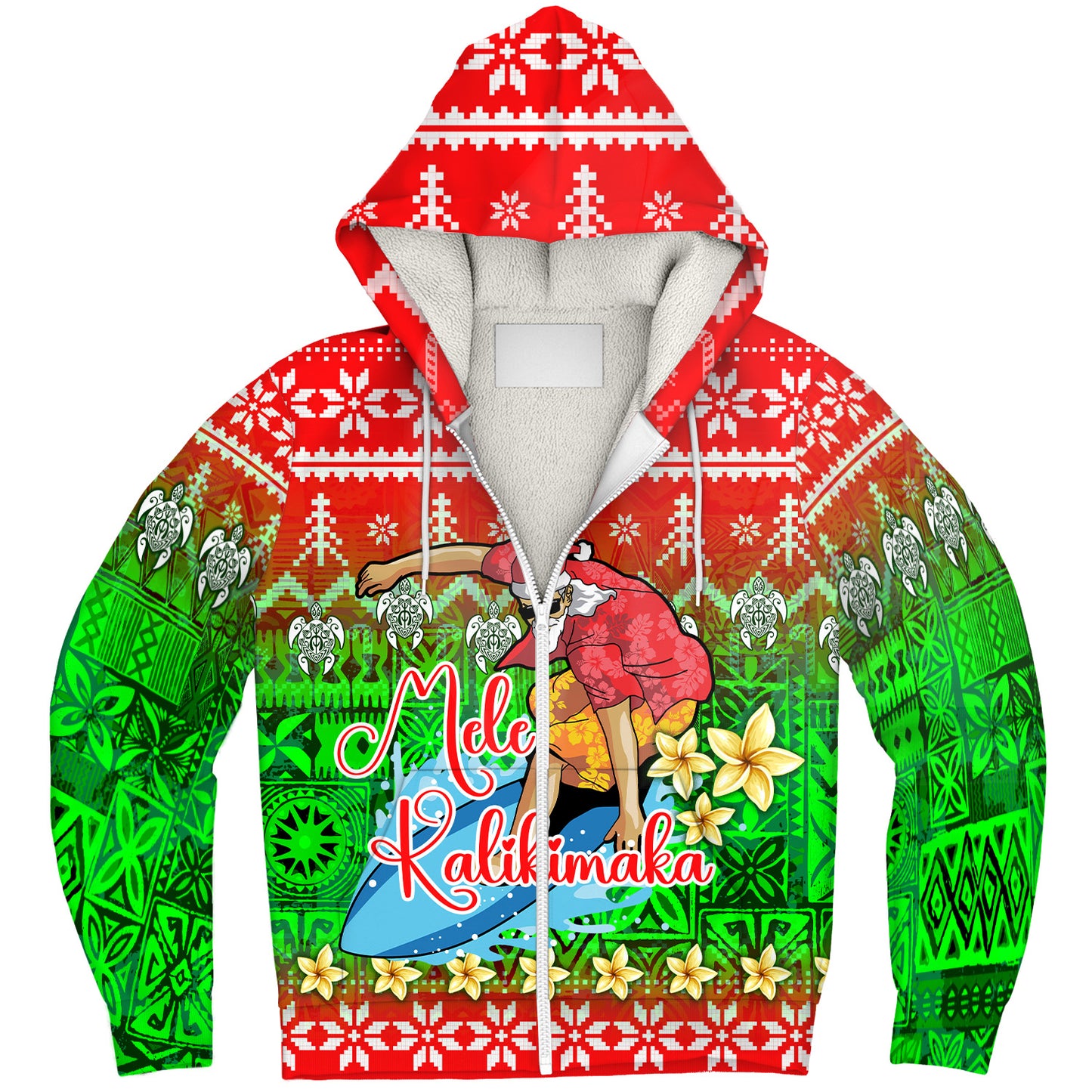 Hawaii Sherpa Hoodie Santa Surfing Mele Kalikimaka Style