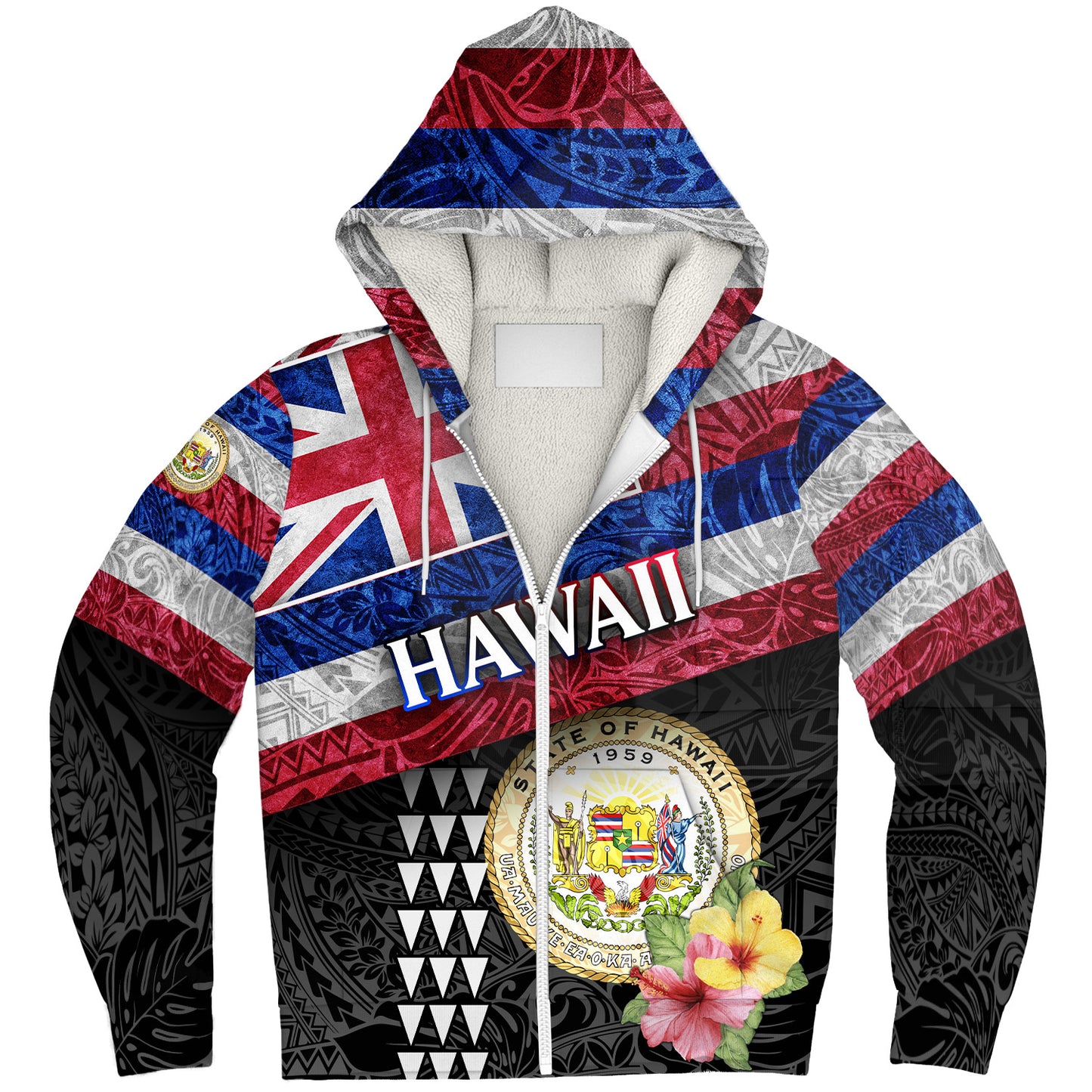 Hawaii Sherpa Hoodie Hawaiian Flag Polynesian Tribal Hibiscus Style
