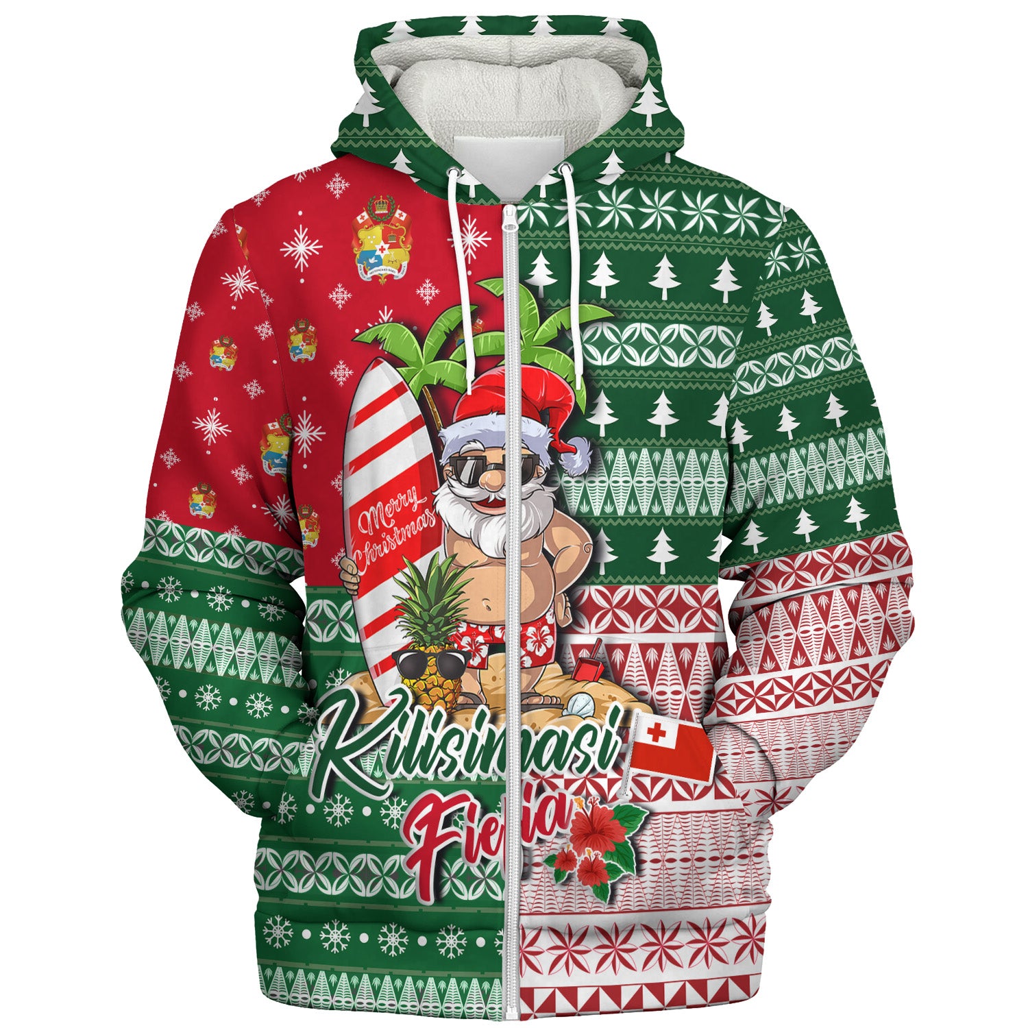 Tonga Sherpa Hoodie Kilisimasi Fiefia Tropical Xmas Patterns