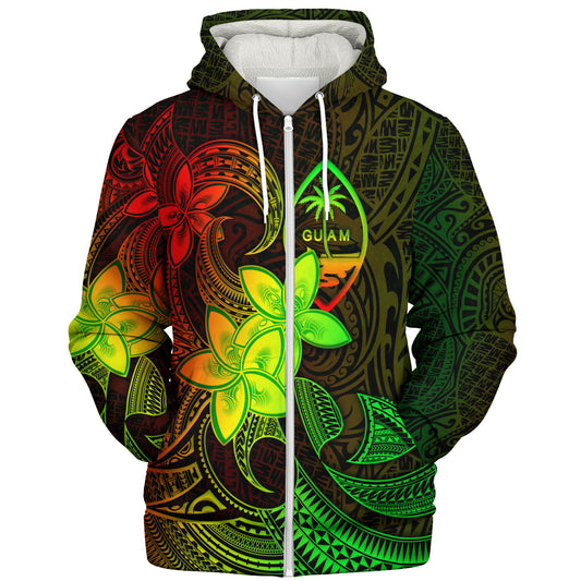 Guam Sherpa Hoodie Plumeria Flowers Vintage Style Reggae Colors