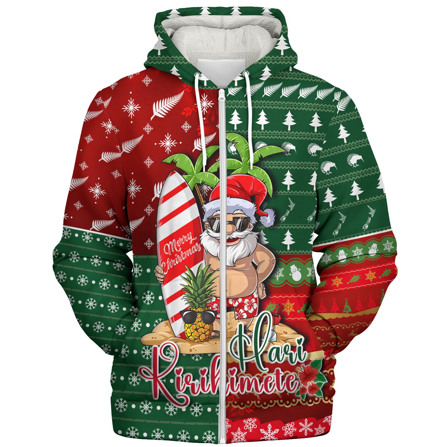 New Zealand Sherpa Hoodie Maori Hari Kirihimete Tropical Xmas Patterns