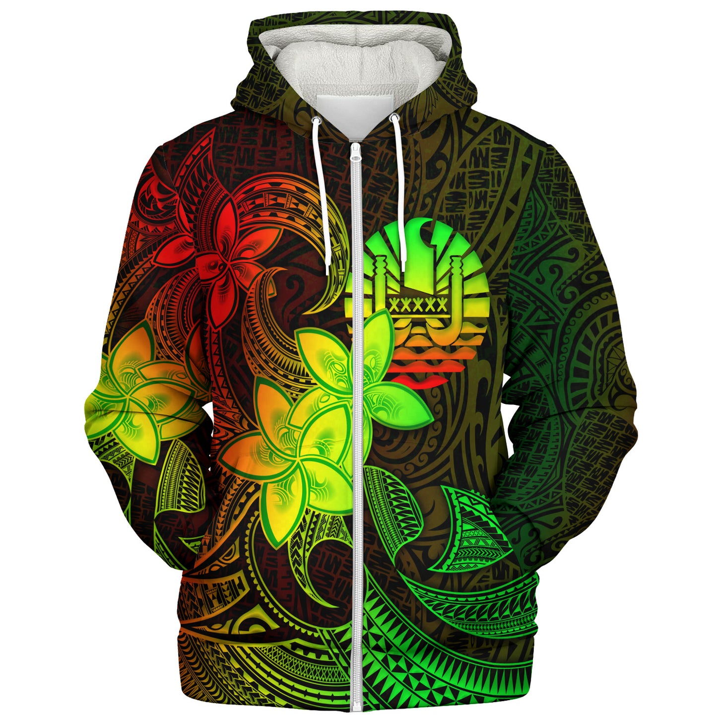 Tahiti Sherpa Hoodie Plumeria Flowers Vintage Style Reggae Colors