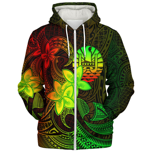 Tahiti Sherpa Hoodie Plumeria Flowers Vintage Style Reggae Colors