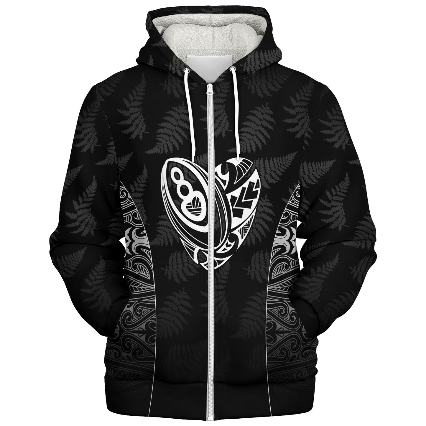 New Zealand Personalized Sherpa Hoodie Rugby Heart Maori Style Silver Fern