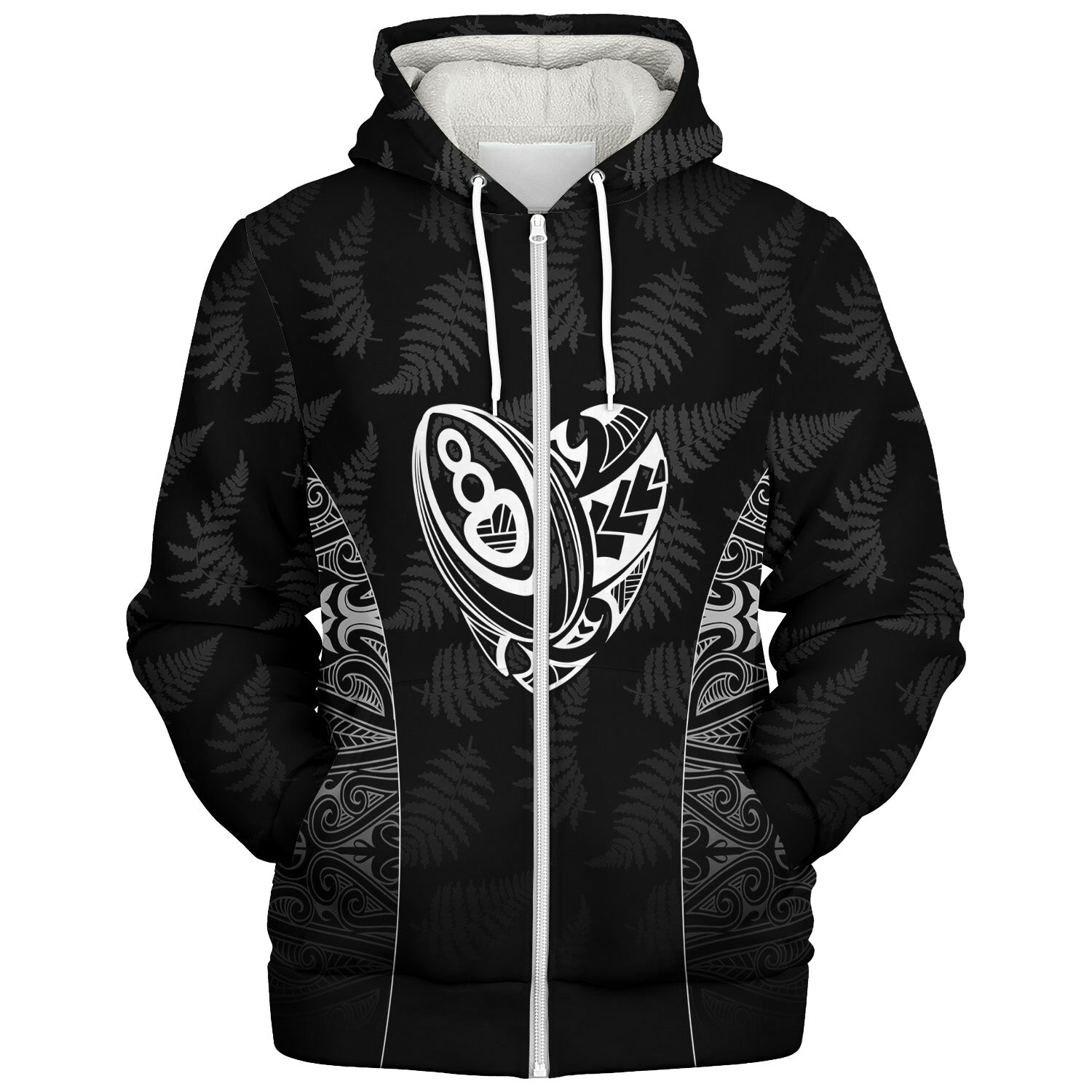 New Zealand Personalized Sherpa Hoodie Rugby Heart Maori Style Silver Fern