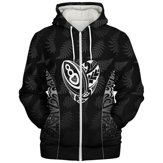 New Zealand Personalized Sherpa Hoodie Rugby Heart Maori Style Silver Fern