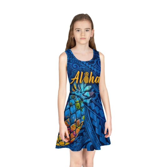 Hawaii Aloha Pineapple Girls Sleeveless Sundress