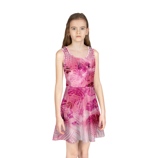 Hawaii Girls Sleeveless Sundress Pink Hibiscus White Polynesian Pattern