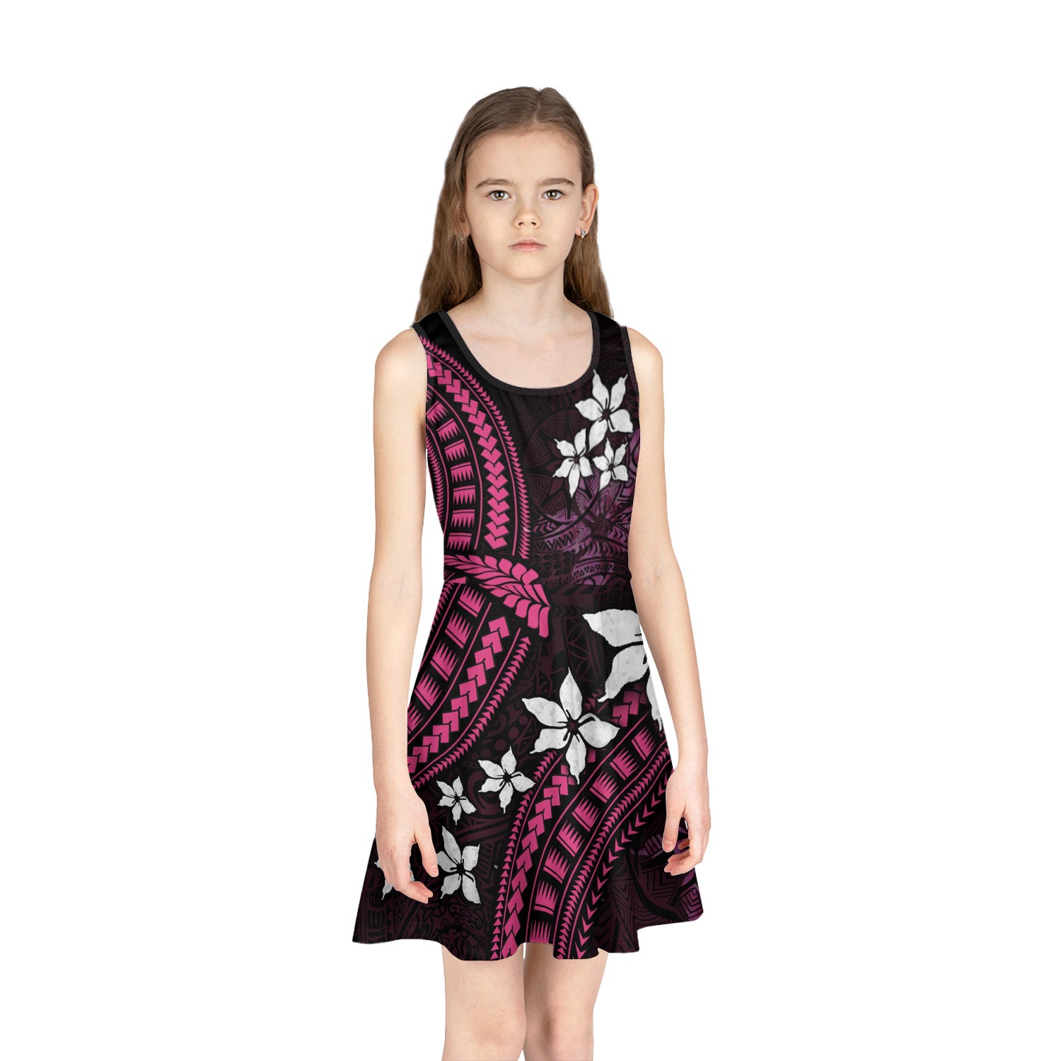 Polynesian Plumeria Flowers Curve Patterns Style Girls Sleeveless Sundress