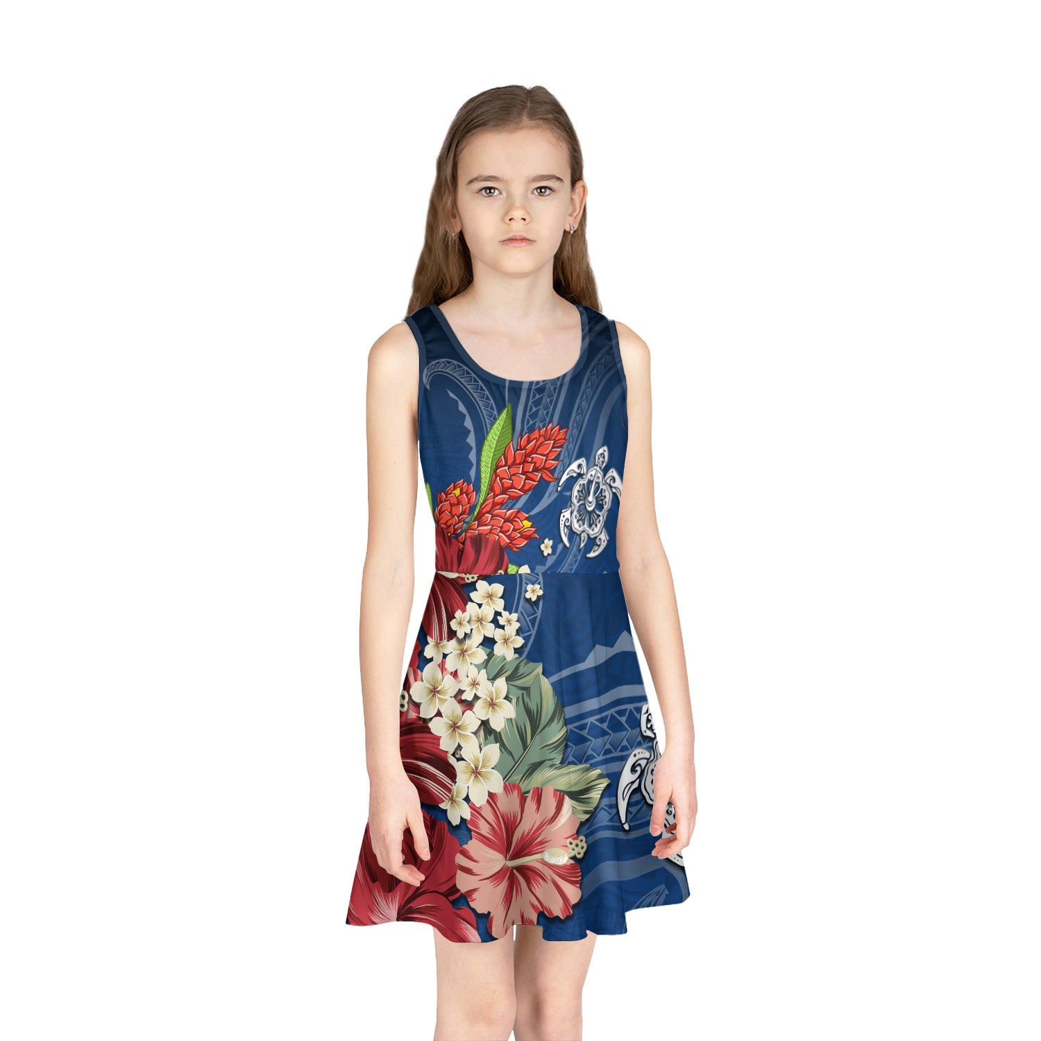 Polynesian Girls Sleeveless Sundress Flower And Turtle