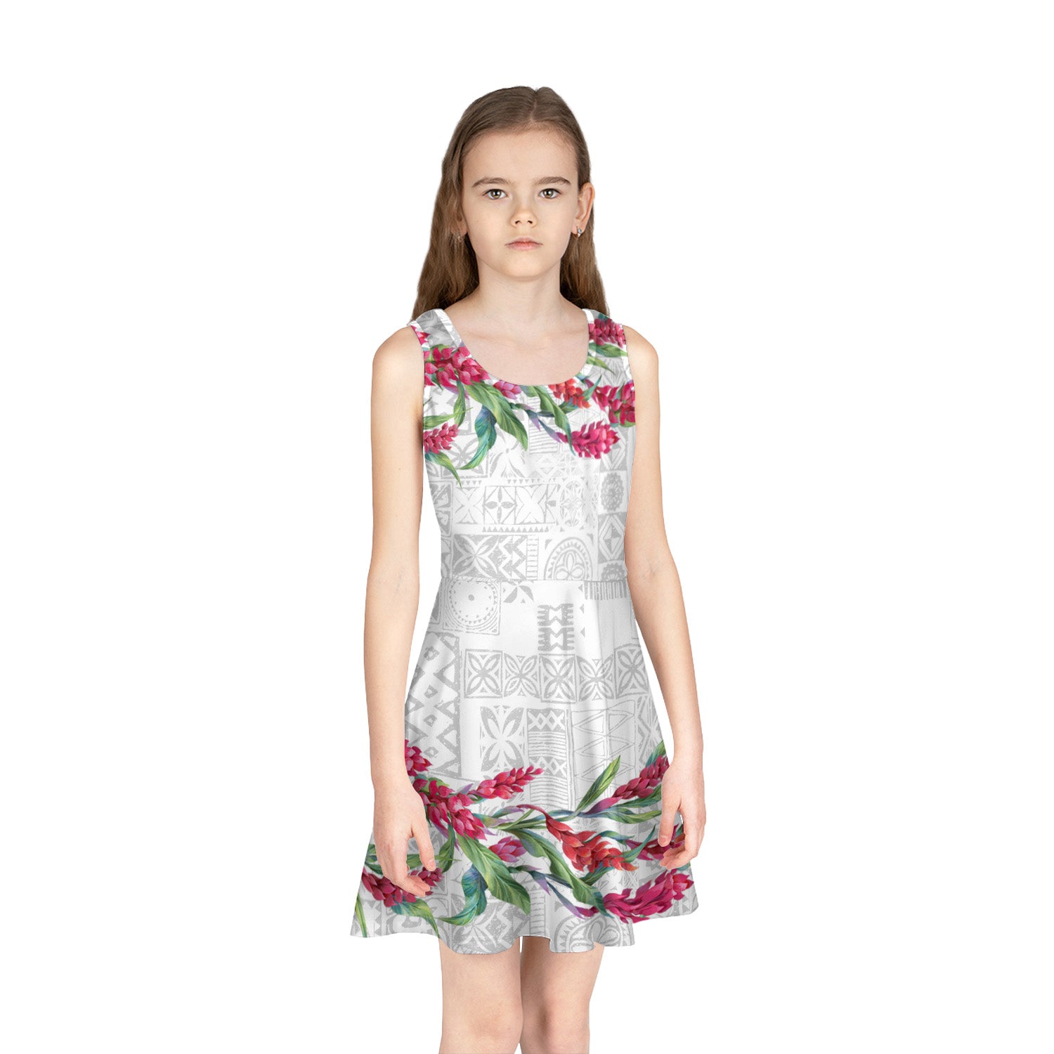 Hawaii Girls Sleeveless Sundress Ginger Flowers White Version