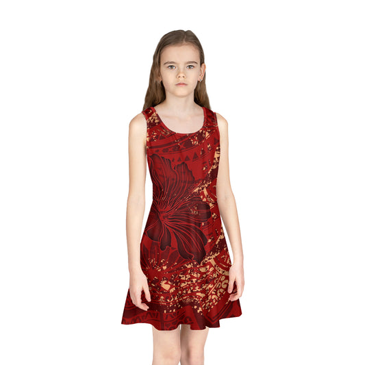 Hawaii Girls Sleeveless Sundress Red Hibiscus With Polynesian Pattern