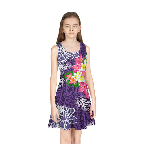 Polynesian Girls Sleeveless Sundress Plumeria Flowers Polynesian Patterns Purple Color