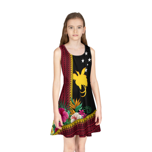 Papua New Guinea Girls Sleeveless Sundress Paradise Bird With Polynesian Pattern