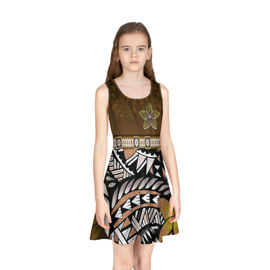 Hawaii Plumeria Polynesian Traditional Patterns Vintage Version Girls Sleeveless Sundress