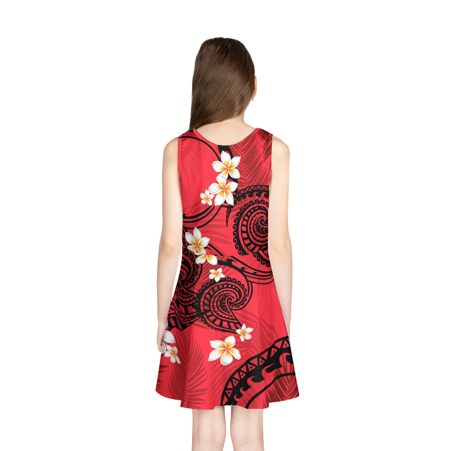 Hawaii Girls Sleeveless Sundress Plumeria Flowers Tribal Motif Red Version
