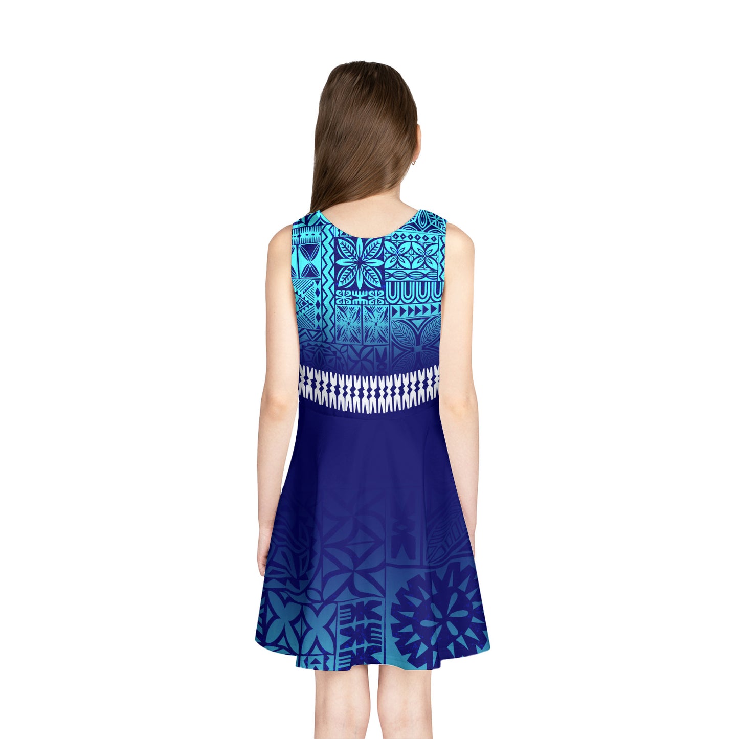 Fiji Tapa Patterns Blue Color Girls Sleeveless Sundress