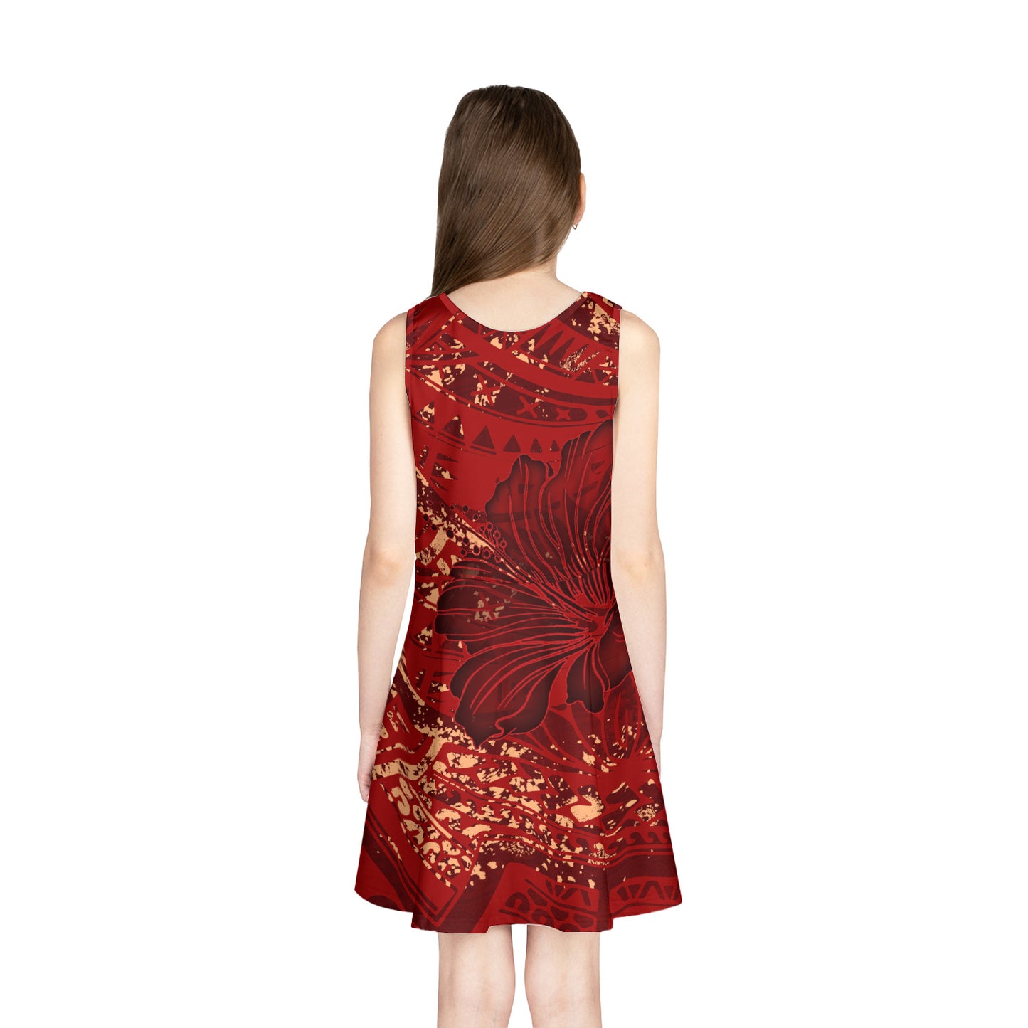Hawaii Girls Sleeveless Sundress Red Hibiscus With Polynesian Pattern