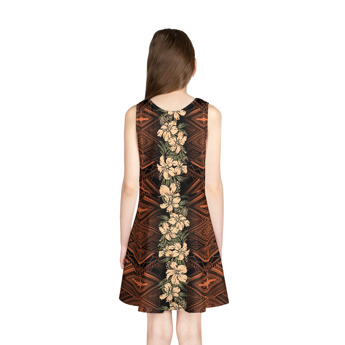 Hawaii Girls Sleeveless Sundress Polynesian Tribal With Hibiscus
