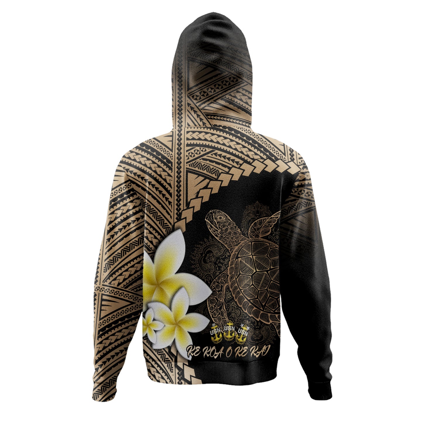 Ke Koa O Ke Kai Custom Personalised Hoodie Plumeria Sea Turtle Tattoo Tribal Design