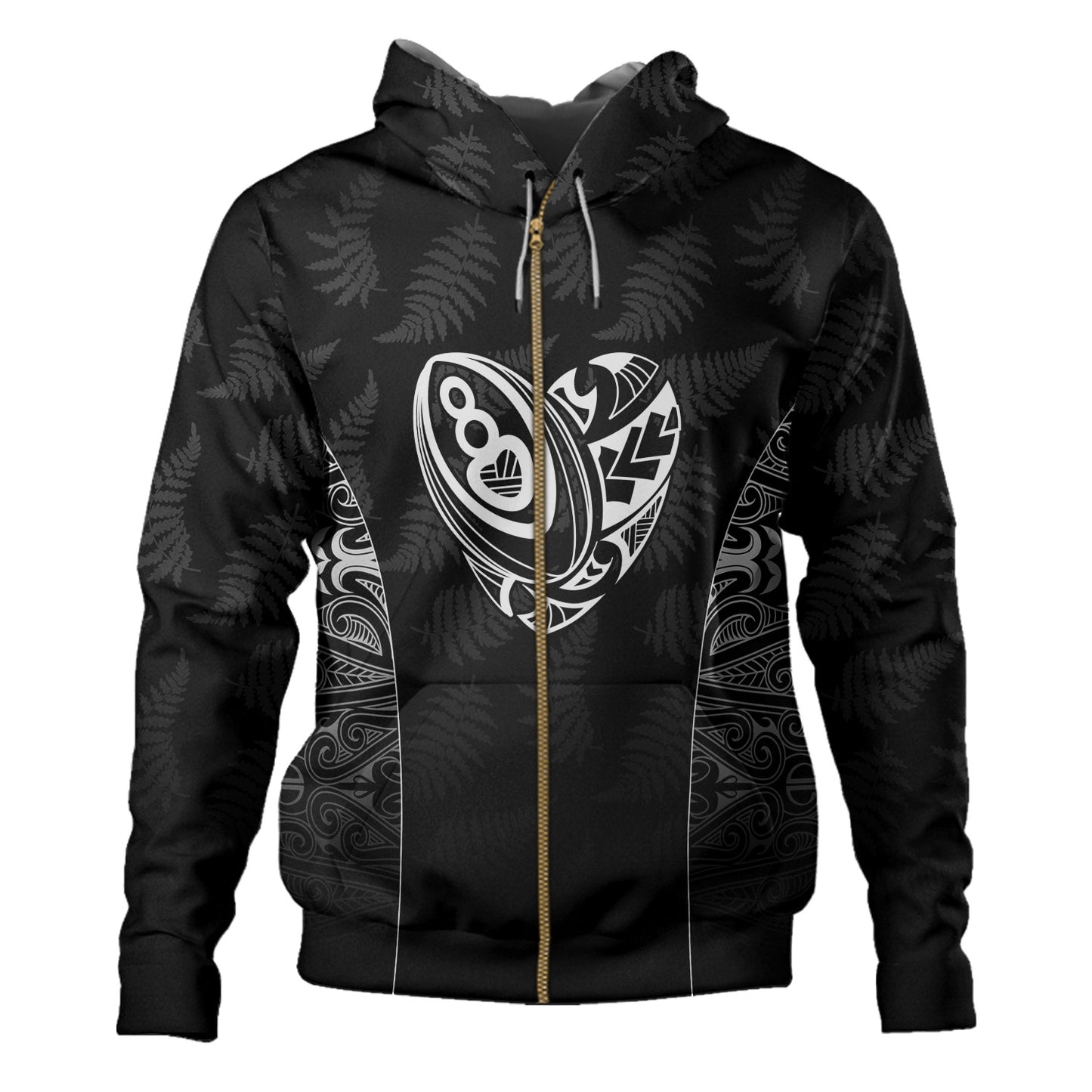 New Zealand Personalized Hoodie Rugby Heart Maori Style Silver Fern