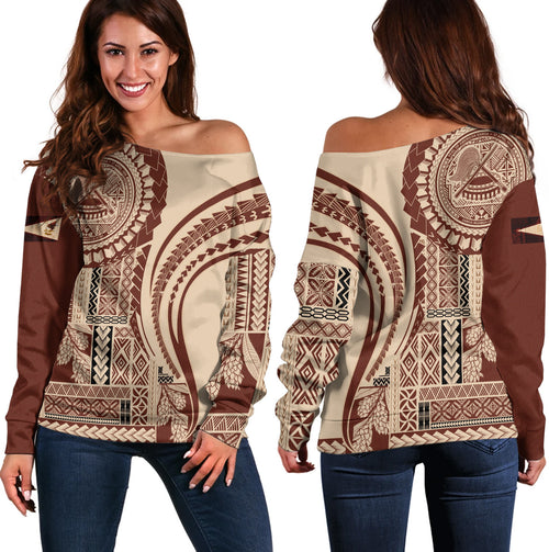 American Samoa Off Shoulder Sweatshirt Samoan Siapo Brown Design