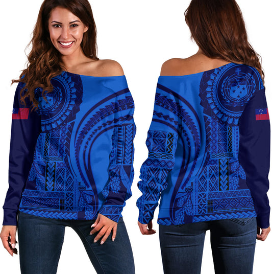 Samoa Off Shoulder Sweatshirt Seal Samoan Siapo Blue Design