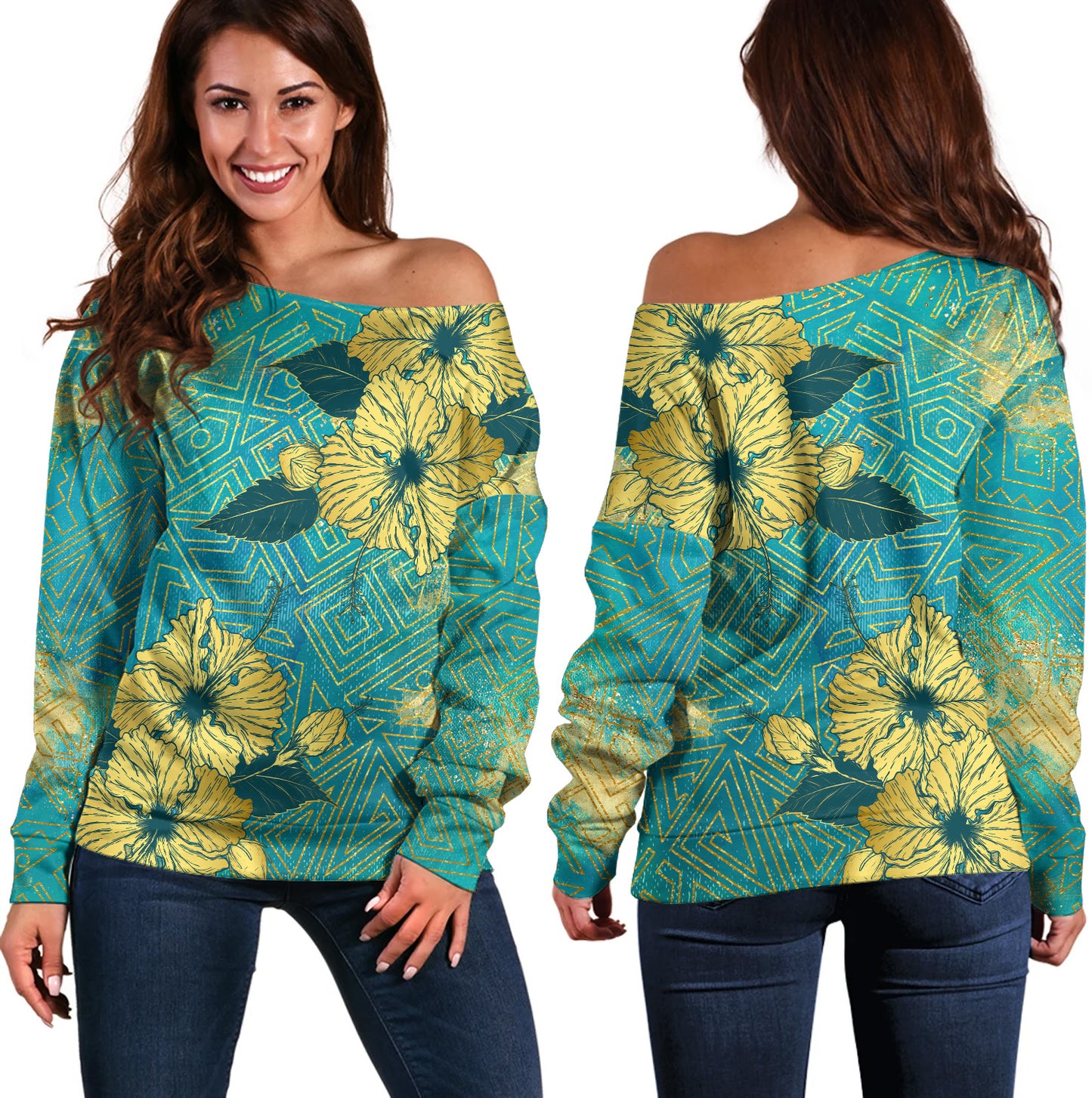 Hawaii Off Shoulder Sweatshirt Golden Hibiscus Turquoise Color Tribal Pattern