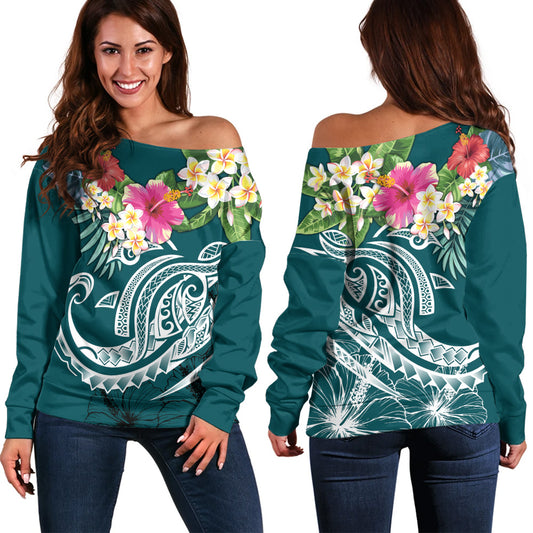Polynesian Off Shoulder Sweatshirt Summer Plumeria