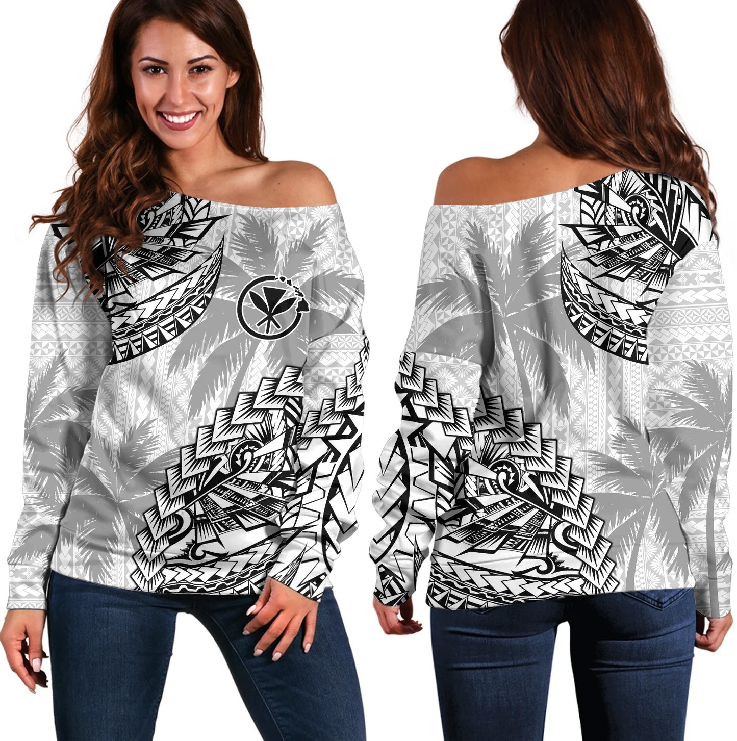 Hawaii Off Shoulder Sweatshirt Custom Personalised Polynesian Pattern Palm Tree