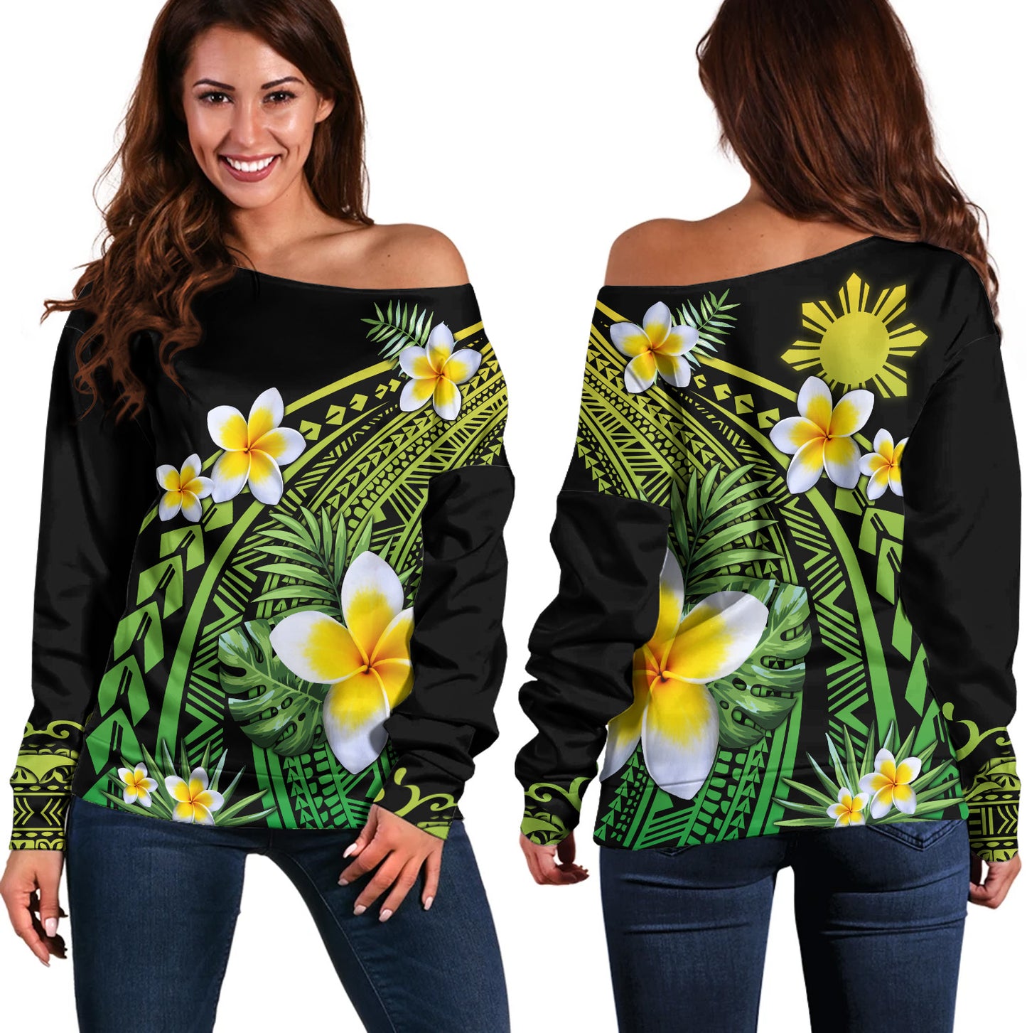 Philippines Filipinos Off Shoulder Sweatshirt Plumeria Polynesian Pattern