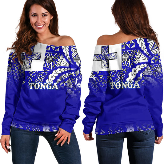 Tonga Off Shoulder Sweatshirt Tonga Blue Color With Traditional Patterns