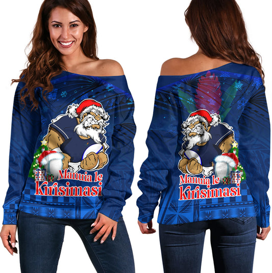 Samoa Off Shoulder Sweatshirt Manuia Le Kirisimasi Rugby Santa Style