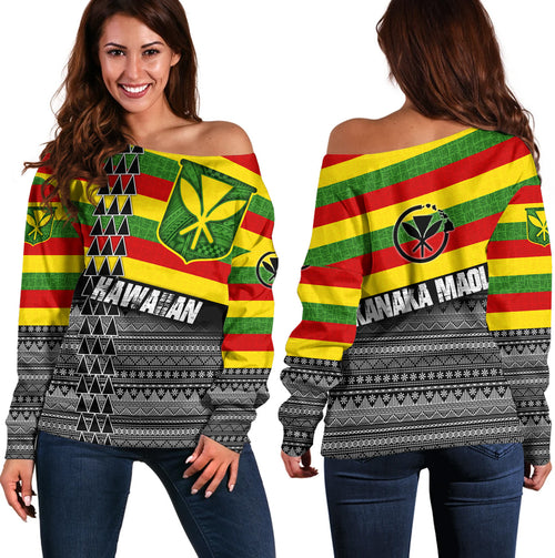 Hawaii Off Shoulder Sweatshirt Kanaka Maoli Flag Polynesian Tribal Patterns Grunge Style
