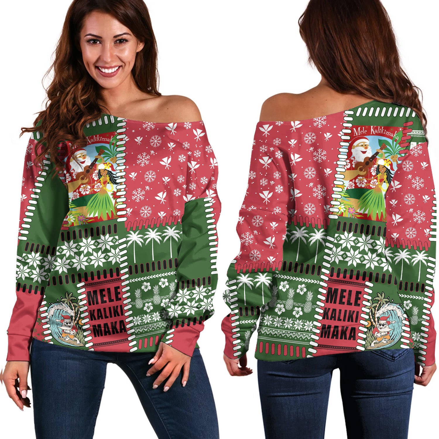 Hawaii Off Shoulder Sweatshirt Santa Surfing Mele Kalikimaka Kanaka Maoli