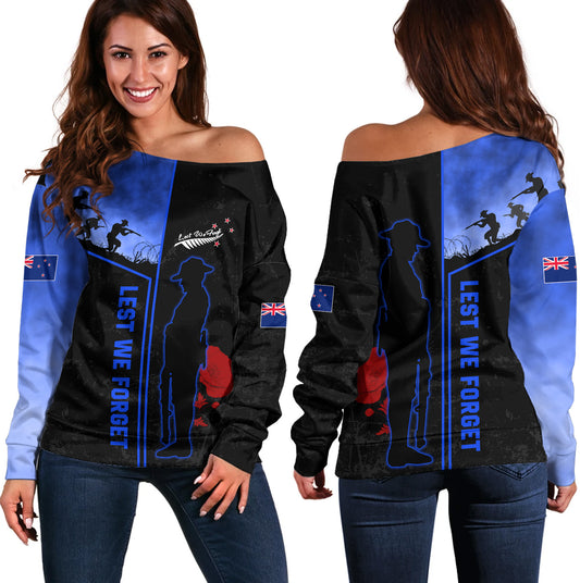 New Zealand Off Shoulder Sweatshirt Anzac Day Lest We Forget Poppy Flower Symbol