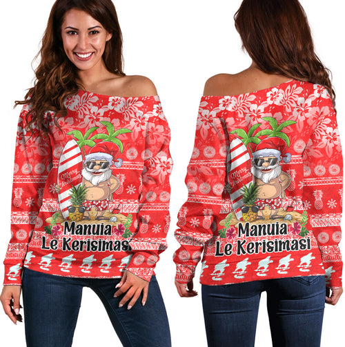 American Samoa Off Shoulder Sweatshirt Manuia Le Kerisimasi Tropical Xmas Patterns