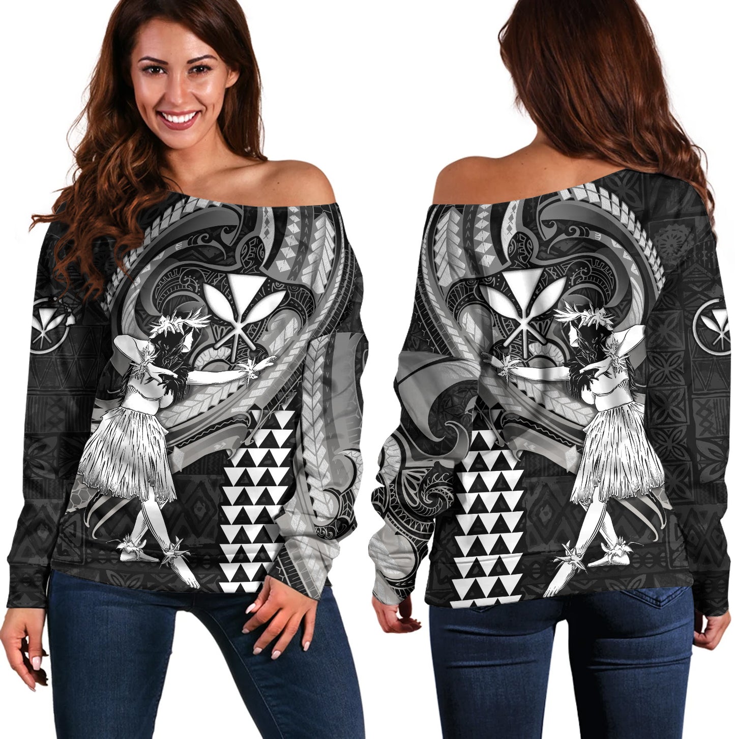 Hawaii Off Shoulder Sweatshirt Kanaka Maoli Hula Girls Polynesian Traditional Tattoo