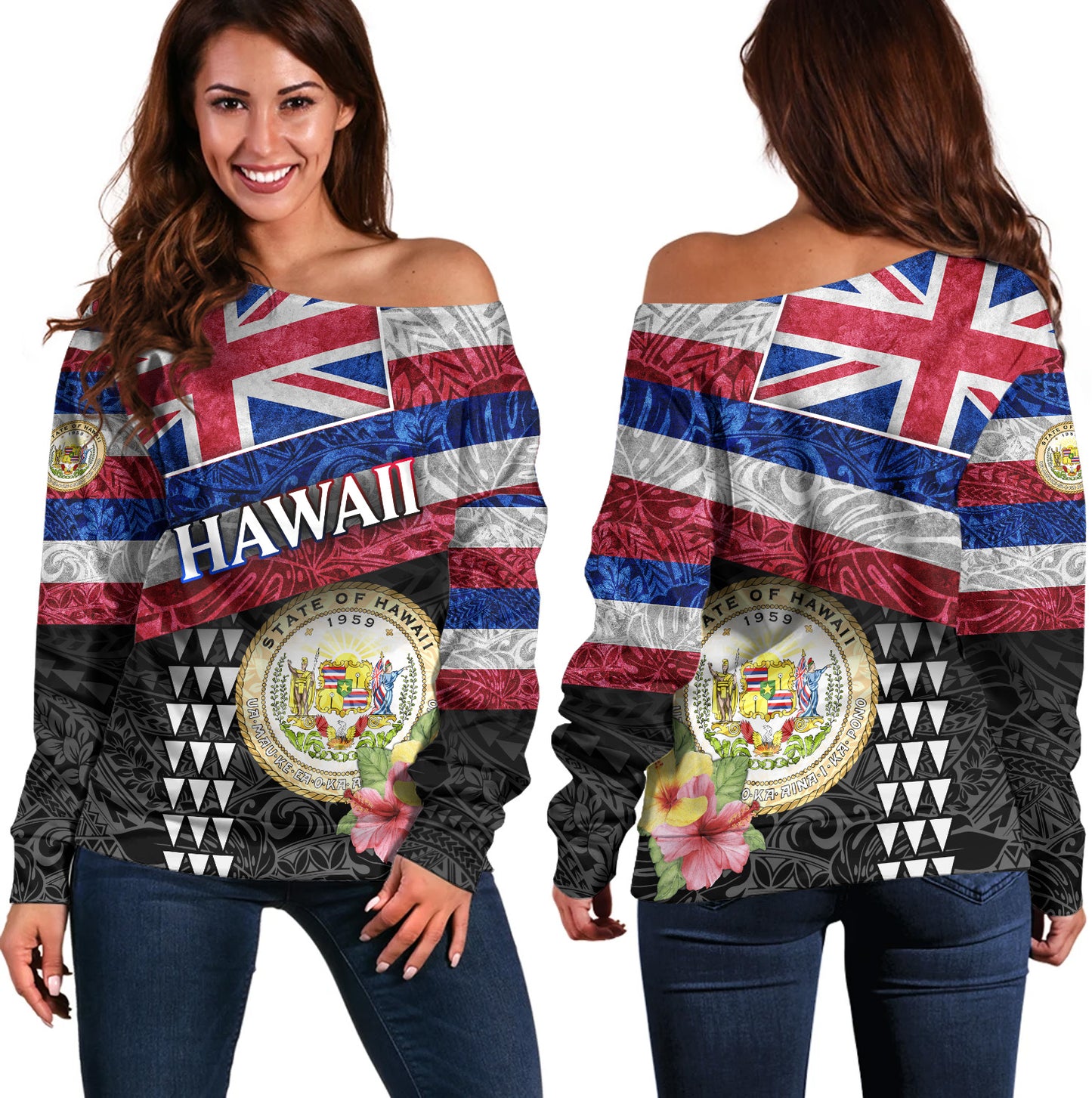 Hawaii Off Shoulder Sweatshirt Hawaiian Flag Polynesian Tribal Hibiscus Style