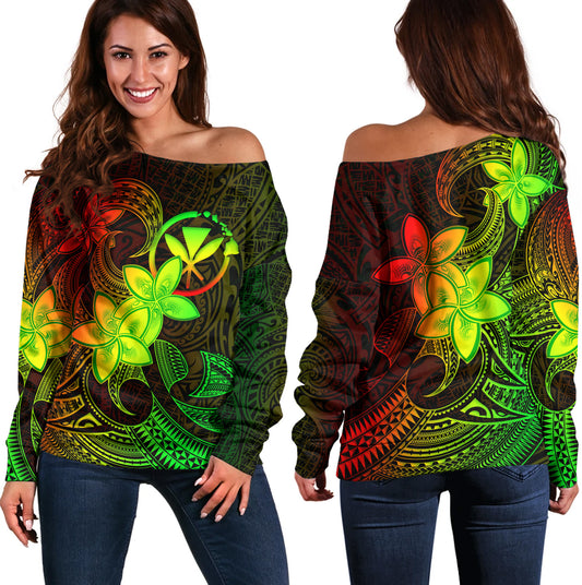 Tahiti Off Shoulder Sweatshirt Plumeria Flowers Vintage Style Reggae Colors