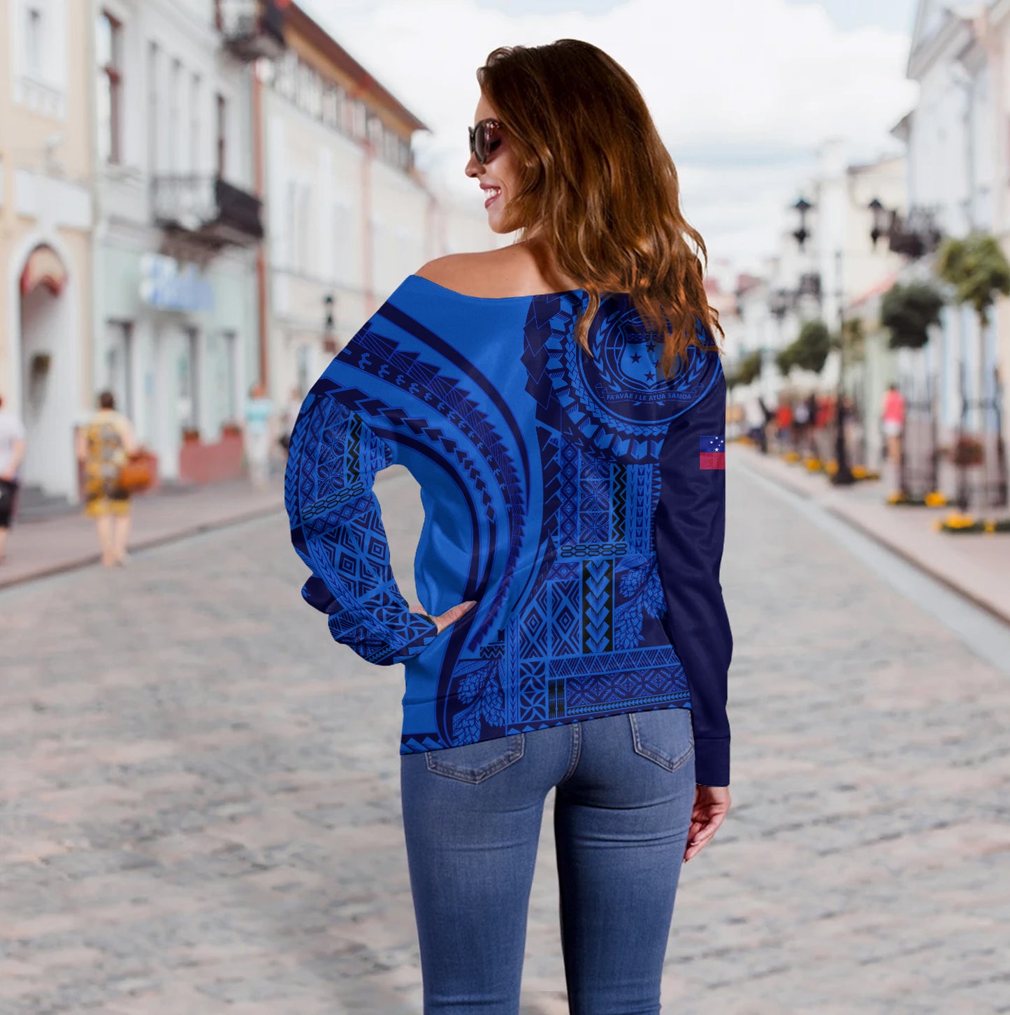 Samoa Off Shoulder Sweatshirt Seal Samoan Siapo Blue Design