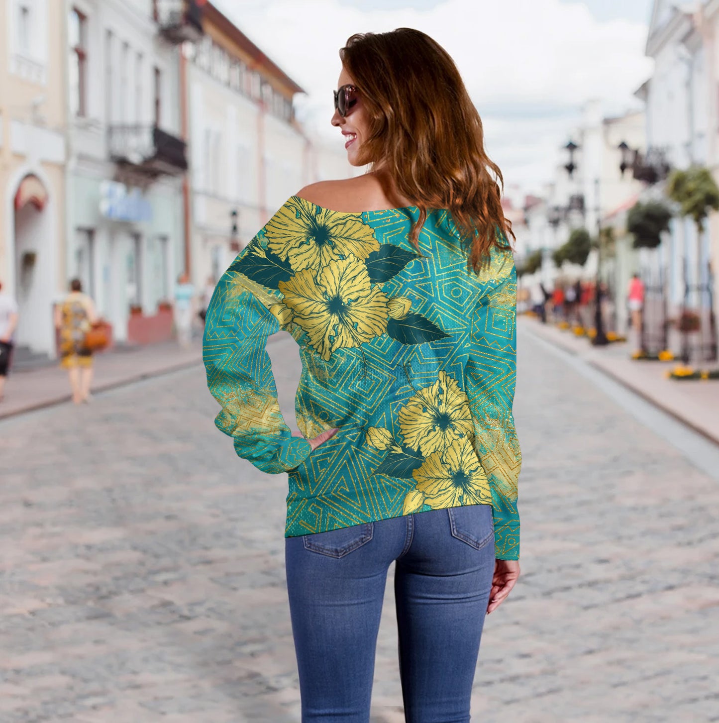 Hawaii Off Shoulder Sweatshirt Golden Hibiscus Turquoise Color Tribal Pattern