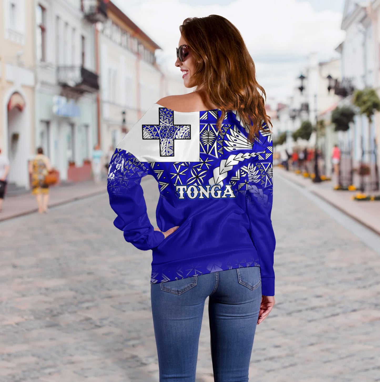 Tonga Off Shoulder Sweatshirt Tonga Blue Color With Traditional Patterns
