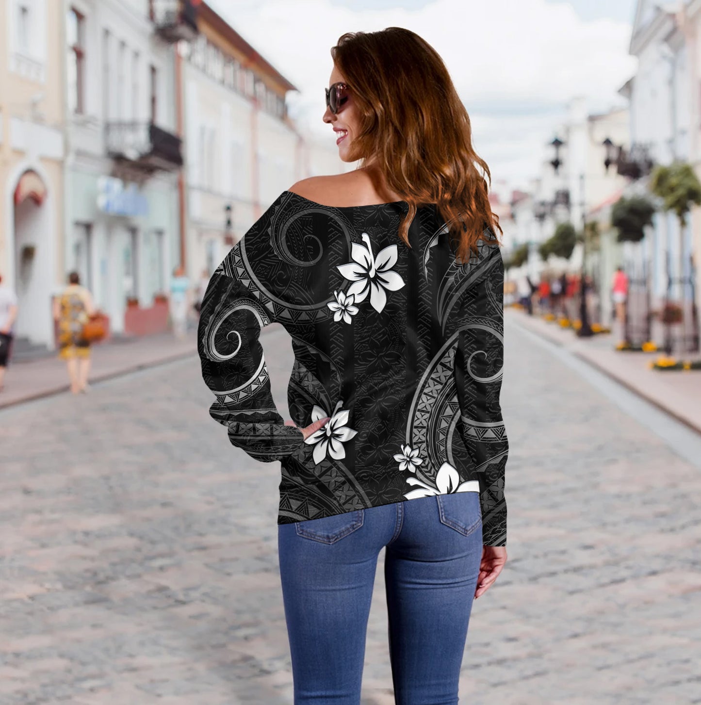 Hawaii Off Shoulder Sweatshirt Polynesian Pattern Plumeria