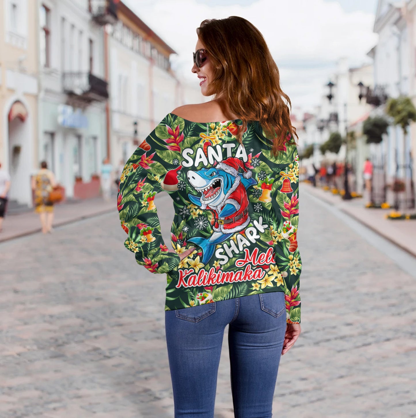 Hawaii Off Shoulder Sweatshirt Mele Kalikimaka Santa Shark Tropical Style